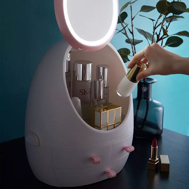 Oval Mirror Cosmetic Storage Organizer, LED Light Makeup Storage Box, Portable Creative Makeup Organizer, Modern Jewelry And Cosmetic Display Case With Led Lighted Mirror Oval Mirror Cosmetic Storage Organizer, LED Light Makeup Storage Box, Portable Creative Makeup Organizer, Modern Jewelry And Cosmetic Display Case With Led Lighted Mirror